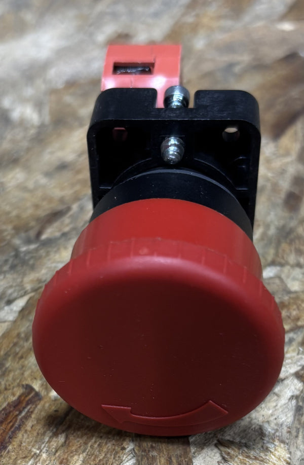 E-Stop Button red and black twist release on  bench top 
